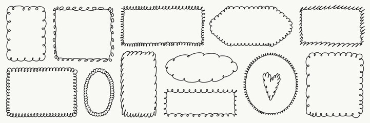 Set of black hand-drawn scallop wave frames and borders. Vector isolated elements for greeting cards, weddings, birthday parties, and design templates.