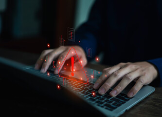Warnings exclamation mark alerts in computer systems to be aware of the dangers and risks of...