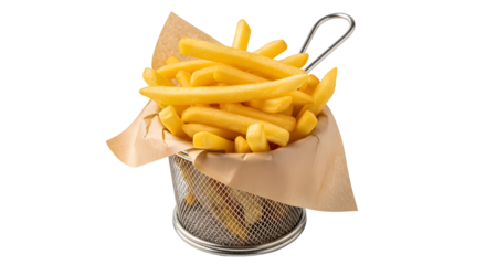 A metal basket filled with french fries and lined with paper on a dark background in a studio shot