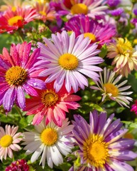 Fototapeta premium Bright and colorful daisies with water droplets, featuring pink, purple, and white petals with yellow centers, perfect for a cheerful vibe.