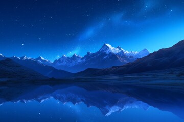 Starry night sky, aurora borealis, snow-capped mountains, calm lake with the ethereal atmosphere.