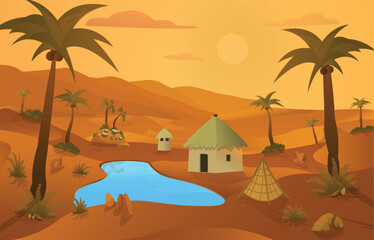 Morning desert cottage, little lake, pine trees on sands, vector illustration of cartoon landscape background