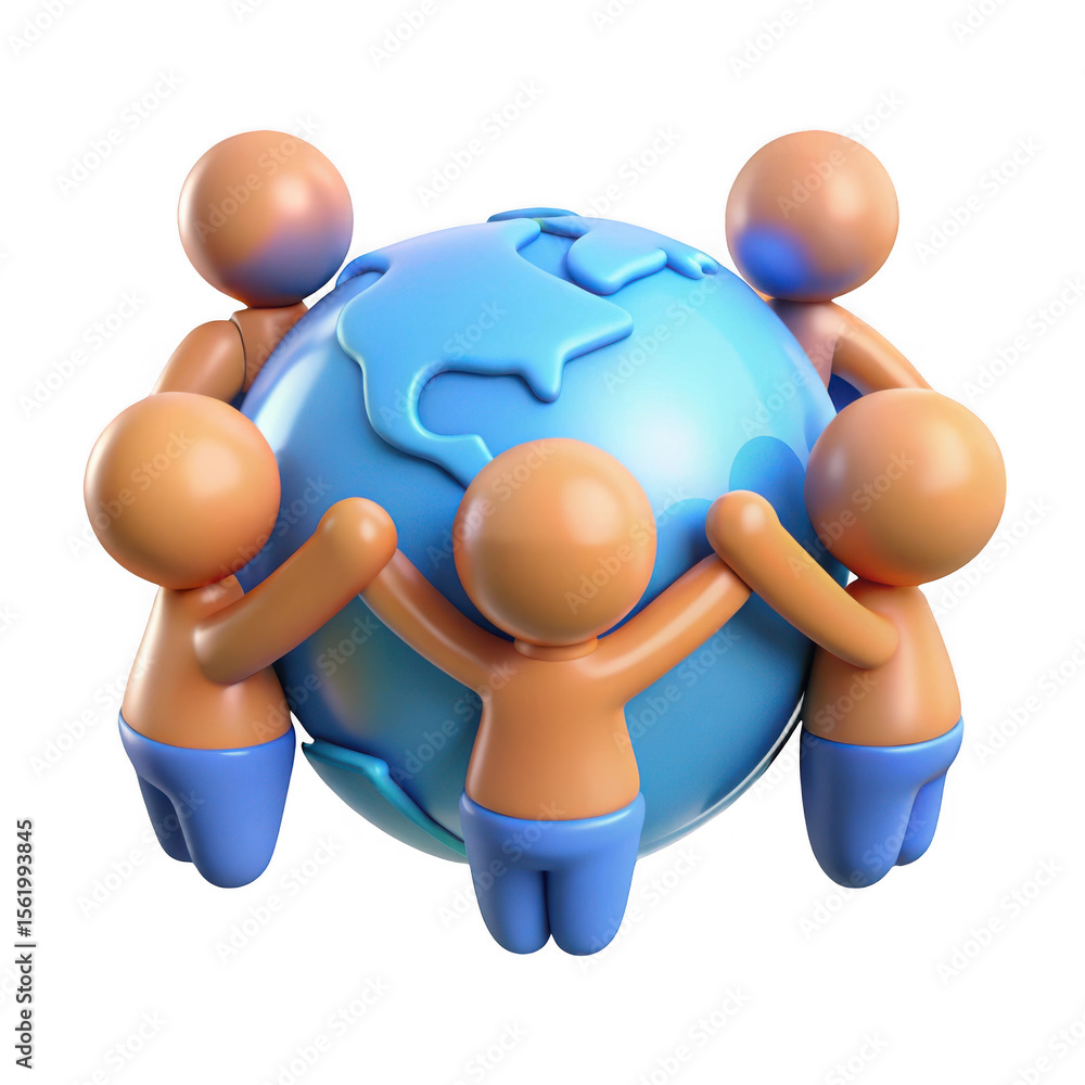 Poster 3d global unity cartoon characters holding earth isolated on transparent background