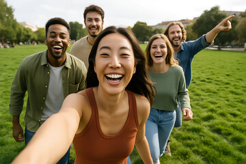 Fröhliche Freundesgruppe verschiedener Herkunft macht Selfie im Stadtpark – ehrliche Emotion, Lachen und moderne Diversität im urbanen Freizeitmoment