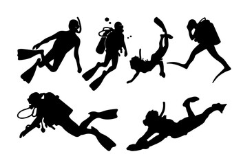 Silhouettes of Scuba Divers and Snorkelers in Underwater Action