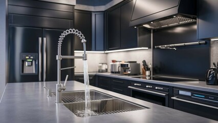 Kitchen with a touchless faucet and smart appliances