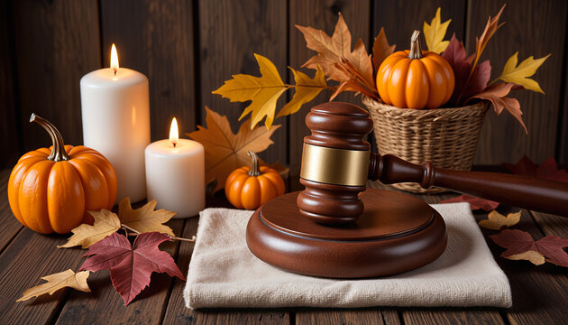 Judicial gavel with pumpkins and candles on rustic table, Thanksgiving law symbol