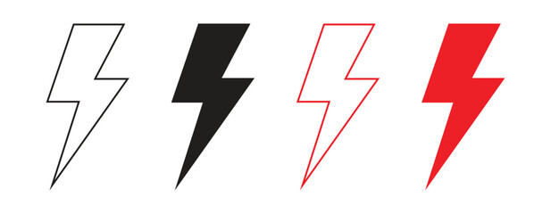 Electric Lightning Bolt Icon Set &ndash; Black and Red Voltage Symbols, Energy Power Signs, and Electricity Hazard Design, Vector Illustration on Transparent Background&rdquo;