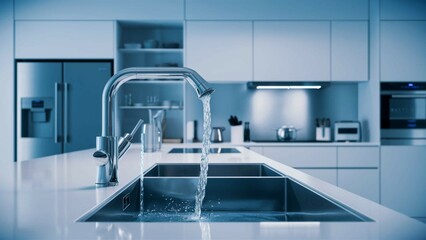 Kitchen with a touchless faucet and smart appliances