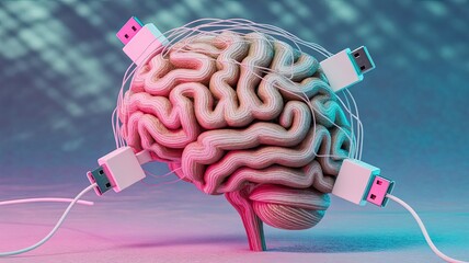 Brain connected with USB cables against colorful background  