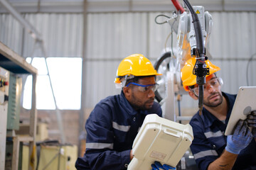 Blue collar workers at machine shop with welding robot arm.