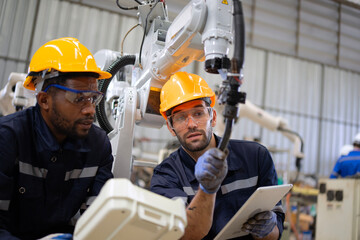 Blue collar workers at machine shop with welding robot arm.