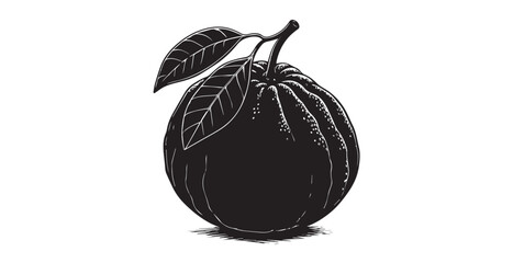 Detailed black and white illustration of a ripe orange with two leaves silhouette
