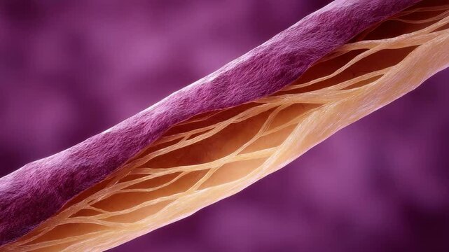 A detailed close-up illustration shows the internal structure of a human hair strand with its layers exposed.