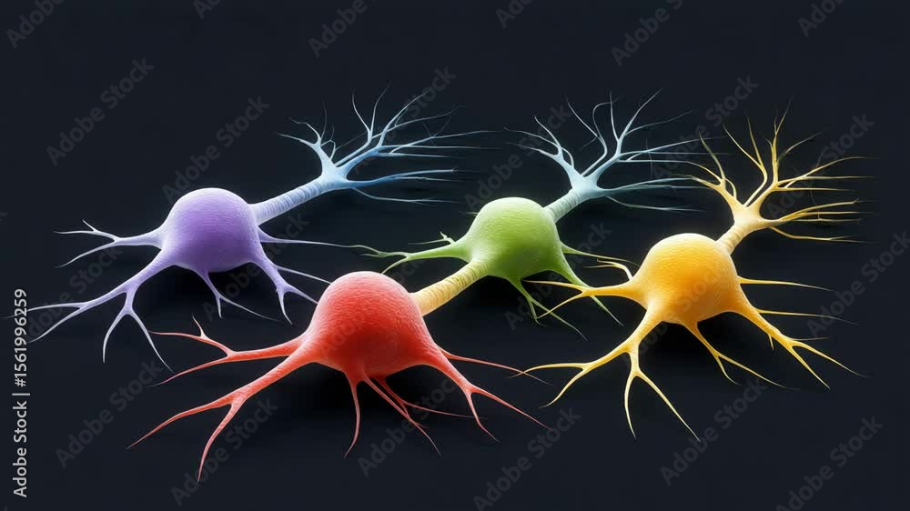 Poster colorful neuron cells with branching dendrites stand out vividly against a dark background.