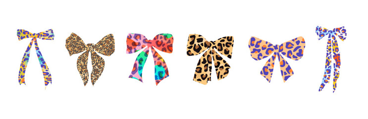 Leopard pattern bows set. Bright Y2K-style bows and neutral trendy bows. Suitable for design, packaging, stickers and fashion prints, printing, textiles, packaging, postcards or clip arts .