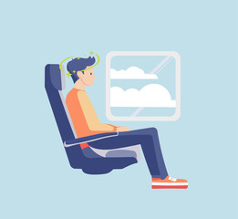 vector style illustration of a man suffering from Air Sickness.