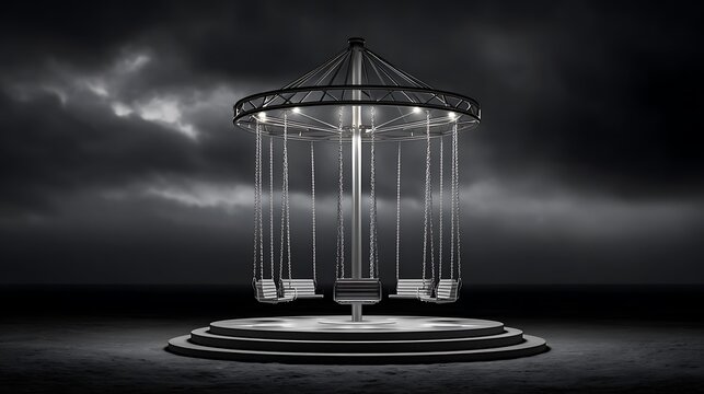 Eerie empty swing ride stands illuminated against a stormy dark sky on a circular platform - Powered by Adobe