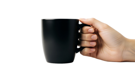 Close-up of a hand holding a black coffee mug. Simple, elegant, and minimal design. Perfect for branding and product photography.