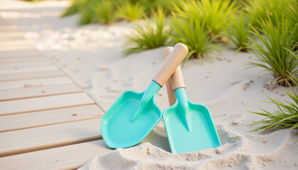 Eco-friendly blue shovel and rake set on sandy beach beside boardwalk, sustainable outdoor toys