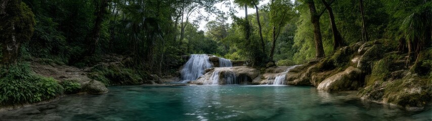 Obraz premium Lush waterfall adventure tropical forest hdr 360 degrees hdri view