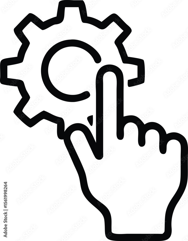 Poster hand touching cogwheel gear, settings outline icon for user interface element