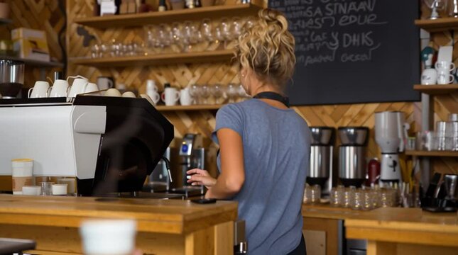 A barista makes a cup of hot coffee at a cafe or java shop