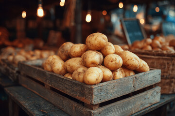 potato in the wooden box at market