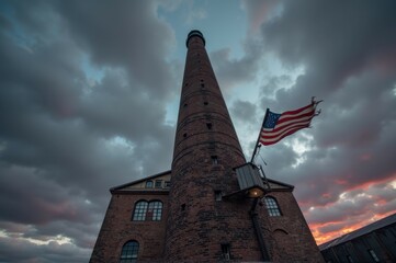 Majestic brick lighthouse tower with american flag under dramatic cloudy sunset sky