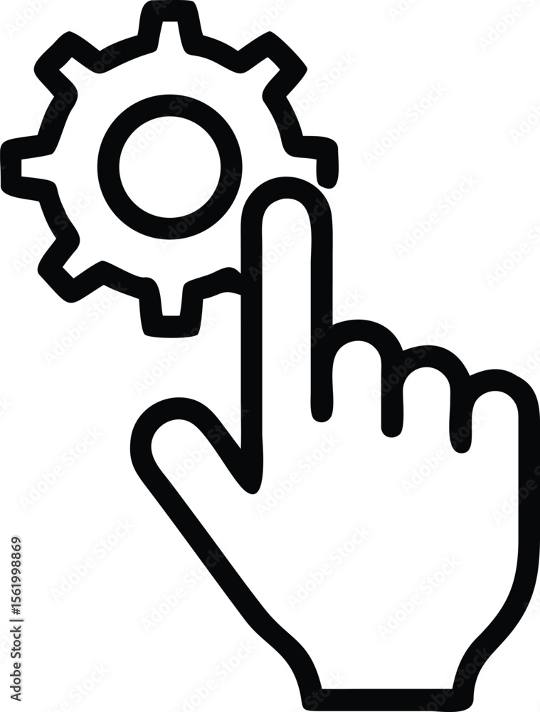 Poster hand touching gear outline icon for application settings adjustments and configuration