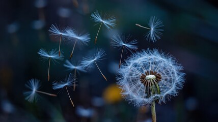 Dandelion seeds blowing in the wind against dark background