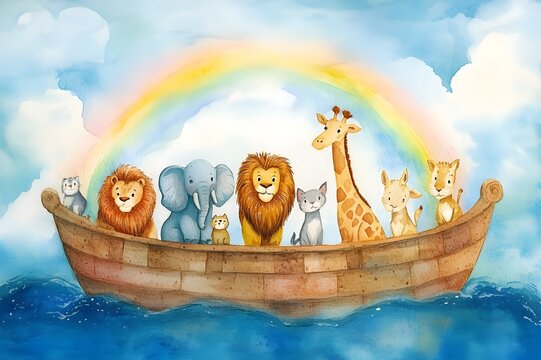 Watercolor painting of noah's ark with lion, giraffe, elephant, zebra, dove, goat and cat, with rainbow behind the boat, clouds and sunlight in the sky, blue water	