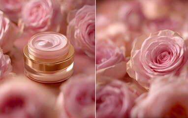 Luxurious face cream with rose petals, Face cream jar with rose petals in the air.Makeup face skin cream with rose flower petals. generative ai