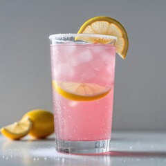 Pink lemonade in a tall glass with a lemon slice.