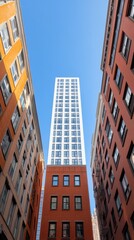 A striking view of contrasting architectural styles, with an ultra-modern tall building surrounded by historic brick structures under a clear blue sky, Ideal for real estate, urban development