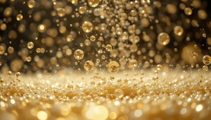 Golden bubbles rising in sparkling beverage with blurred background  