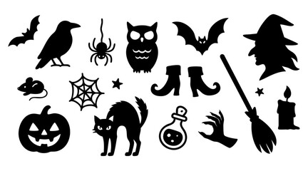 Obraz premium Halloween silhouettes set with witch, pumpkin, cat, bat, spider, owl, broom, potion, black vector on white. For stickers, planners, invitations, crafts, posters, digital and print designs.