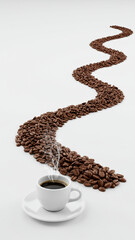 Path of Roasted Coffee Beans Leading to a Steaming Hot Cup on White Background