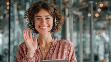 young tele caller woman smiling and say hi