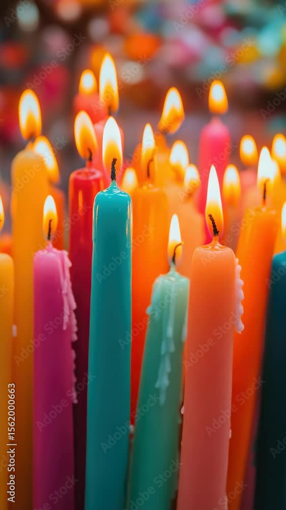 Poster a bunch of candles with different colors and sizes. some are lit and some are not. the lit candles a