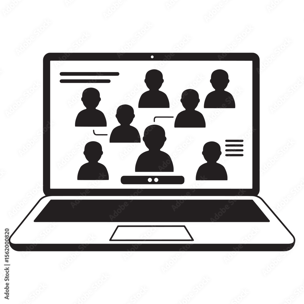 Poster online meeting communication concept depicted by laptop screen displaying multiple user profiles