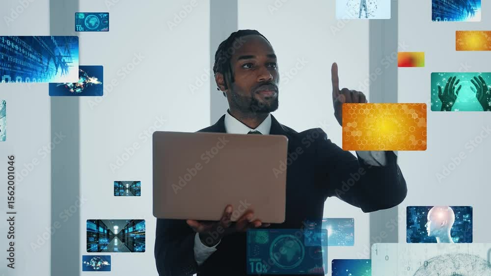 Poster Black man working on a computer and video content concept