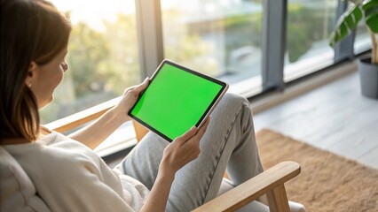 Close Up of Woman Holding Floating Green Screen Tablet Over Her Lap With Natural Window Light