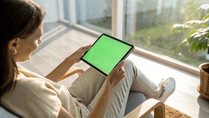 Close Up of Woman Holding Floating Green Screen Tablet Over Her Lap With Natural Window Light
