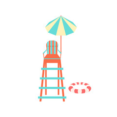 Lifeguard chair vector illustration. Colorful bright high beach life guard chair with striped parasol and swimming ring isolated on white background. Sea, pool swimming safety observation equipment
