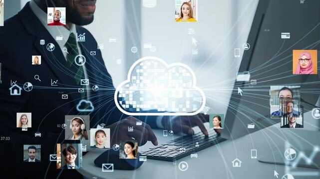 パソコンで作業する外国人男性とグローバルネットワークのコンセプト
