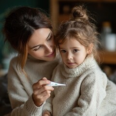 Mother checks her child's temperature at home during a cozy winter afternoon, expressing care and concern for her wellbeing
