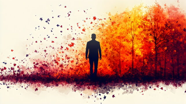 Abstract black silhouette of a person standing amidst vibrant fall foliage in a serene outdoor setting, symbolizing disappearance or integration into the environment
