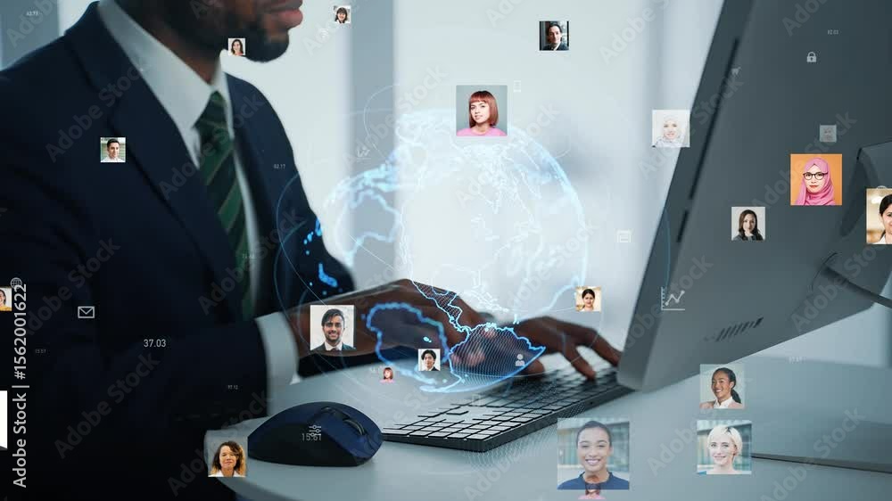 Poster Black man working on a computer and global network concept