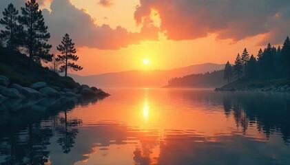 Serene sunset casting a warm, golden light on a tranquil landscape; calm water reflects the peaceful sky Perfect for meditation, relaxation, and spa themes , wellness, quiet